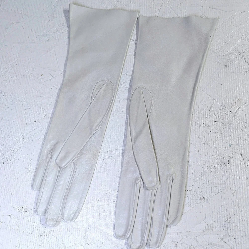 Vintage Lavable Leather Opera Gloves – 7 White Mid Length Made in France